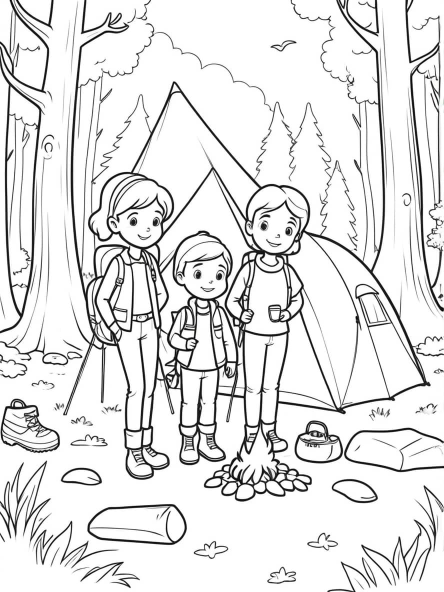 A Family Camping In The Woods Coloring Pages