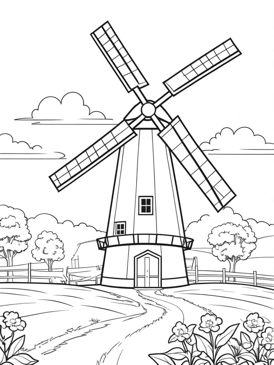 Een Windmolen Die Draait In De Wind Op De Boerderij Kleurplaten