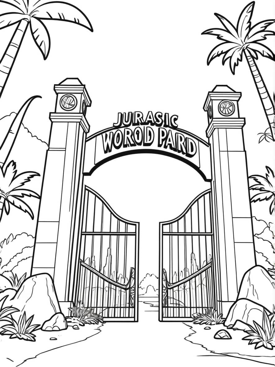 Jurassic World Park Ingang Met Torenhoge Poorten Kleurplaat