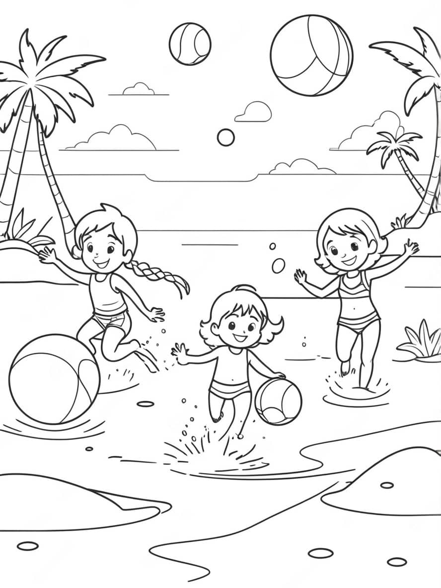 Kinderen Spelen In Het Water Met Strandballen Kleurplaten