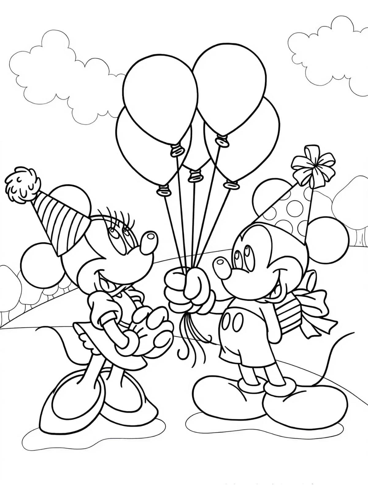 Mickey En Minnie Met Verjaardagsballonnen Om Te Kleurplaat