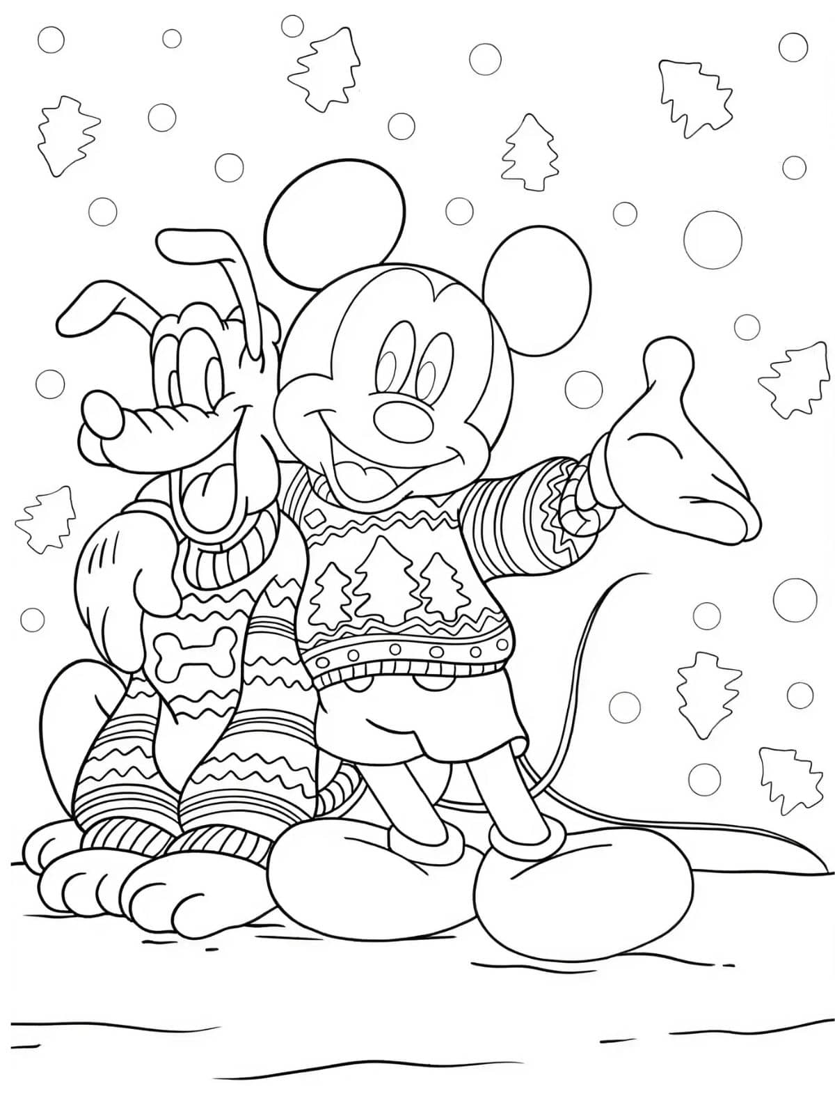 Mickey Mouse En Pluto Dragen Kersttruien Kleurplaat