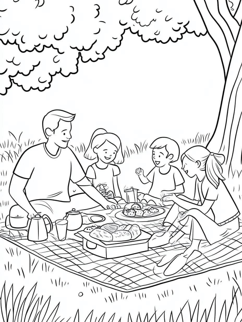 Papa En Kinderen Genieten Van Een Picknick Kleurplaat