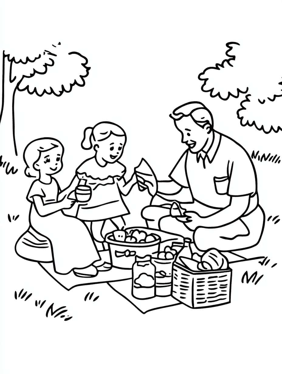 Papa En Kinderen Genieten Van Een Picknick Kleurplaten