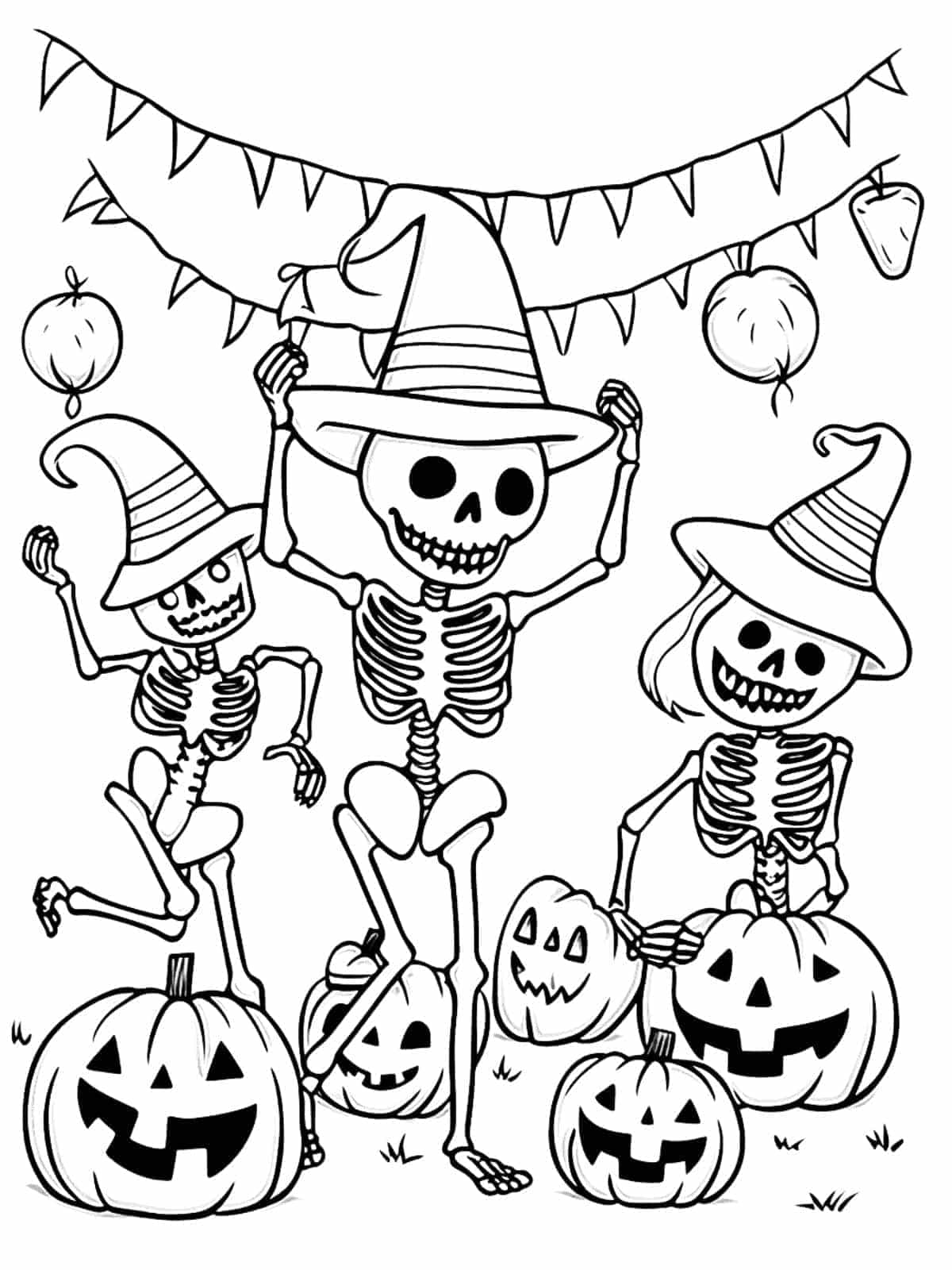 Drie Skeletten Happy Halloween Kleurplaat