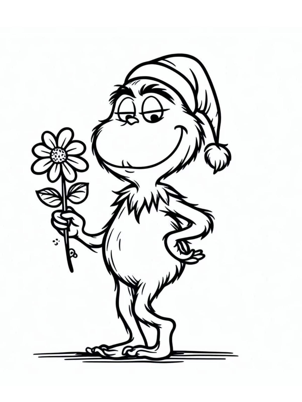 Grinch Cute Holding Flower Kleurplaat