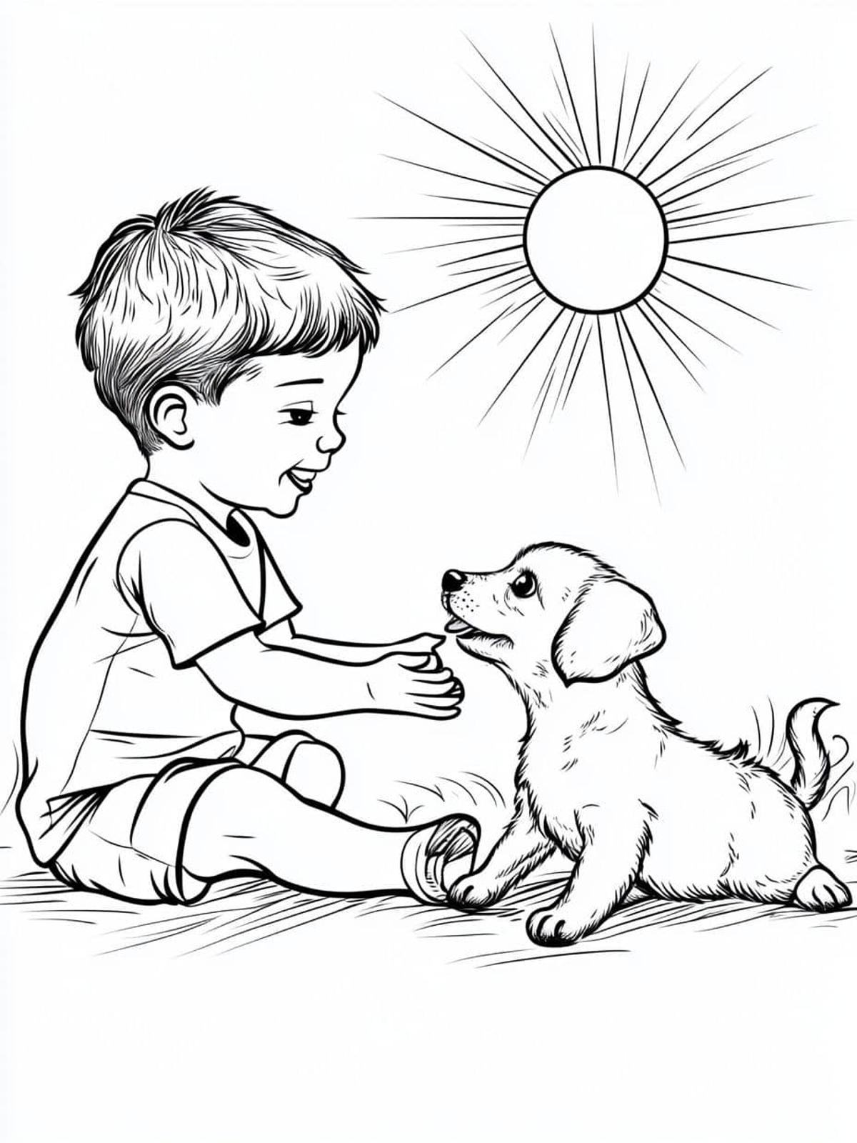 Kleine Jongen Speelt Met Hond Onder De Zon Kleurplaat