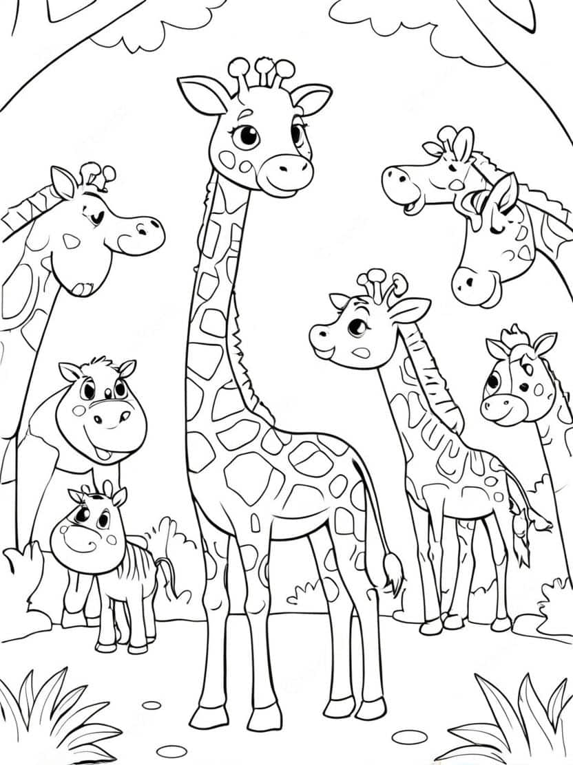 Kleurplaat Giraffe Die Met Dieren Speelt