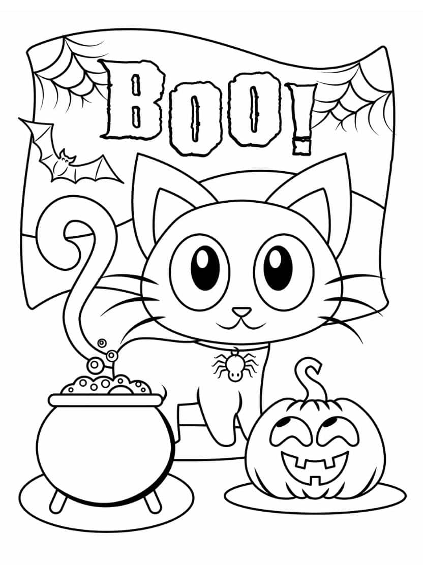 Kleurplaat Halloween Pompoen Kat Boo