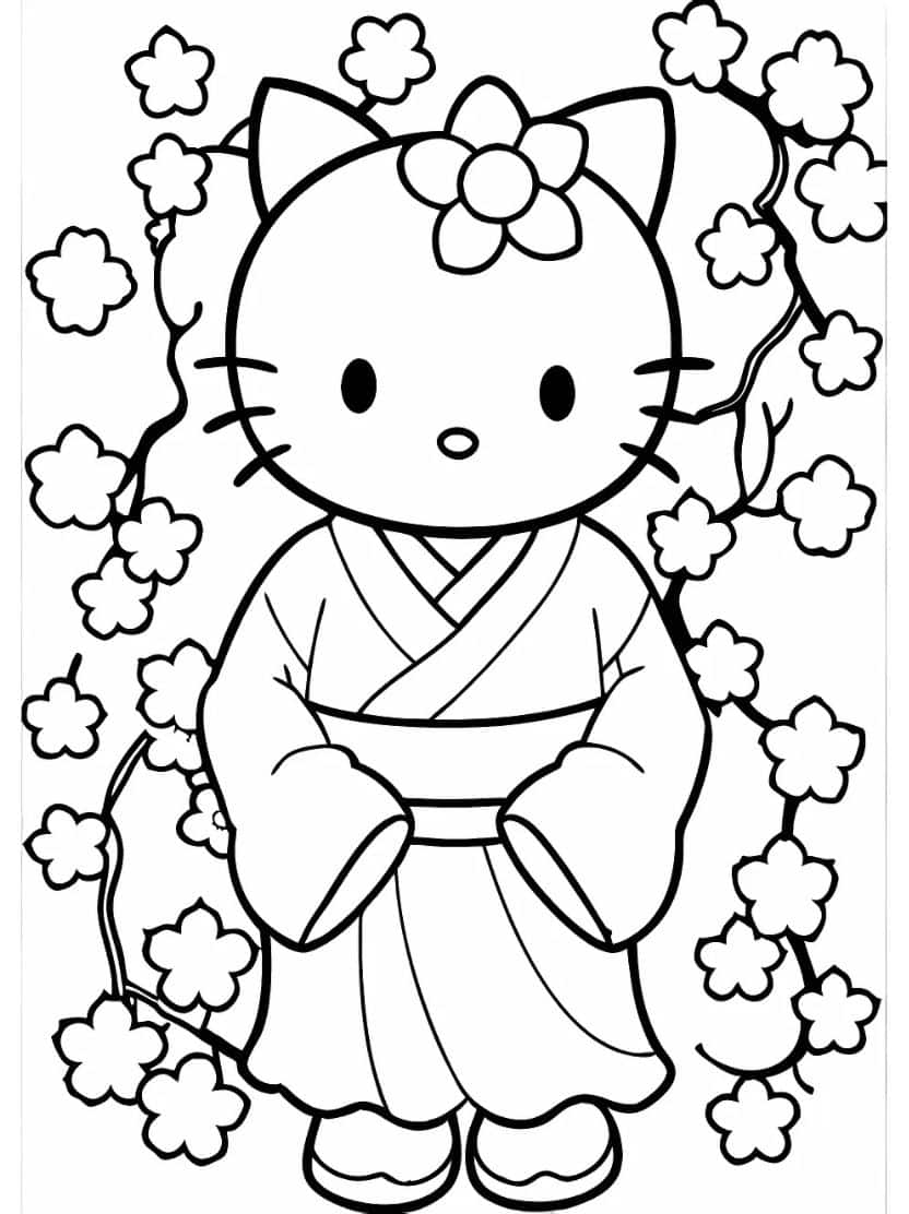 Kleurplaat Kimono Hello Kitty