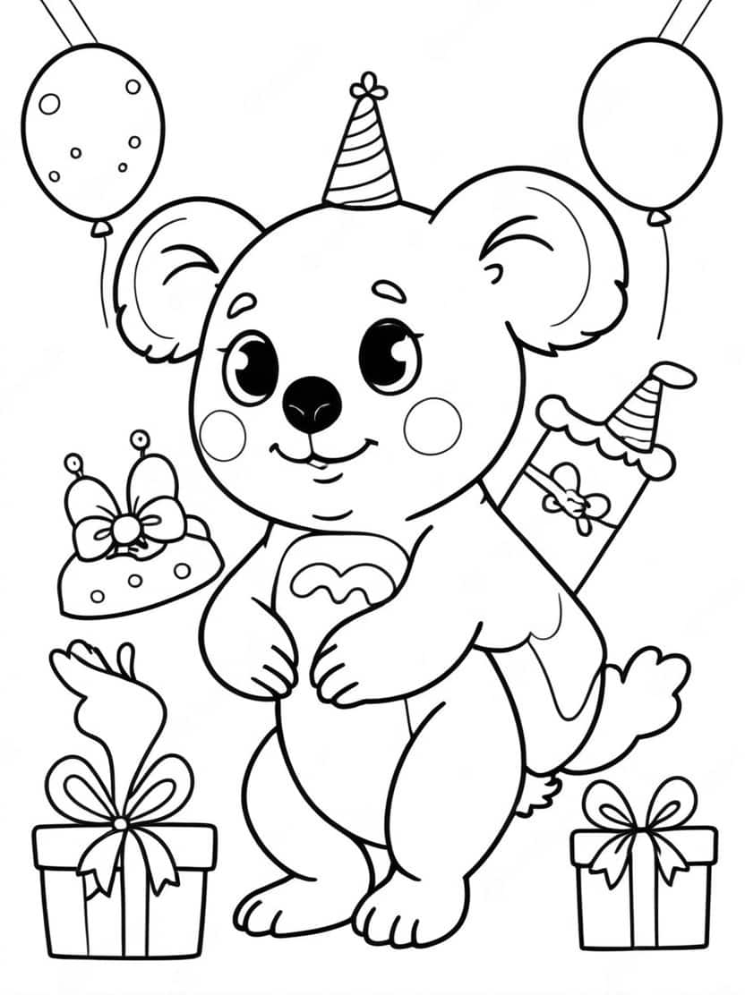 Kleurplaat Koala Met Cadeautjes En Ballonnen