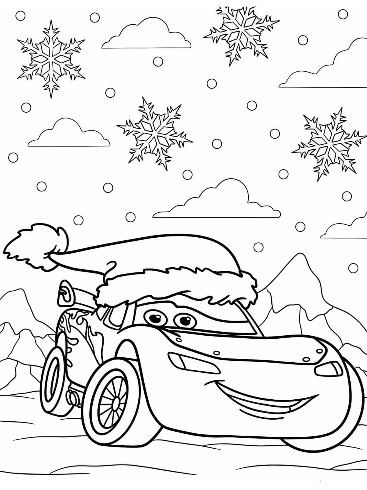 Lightning Mcqueen Met Kerstmuts Snelt Weg In De Winter Kleurplaat