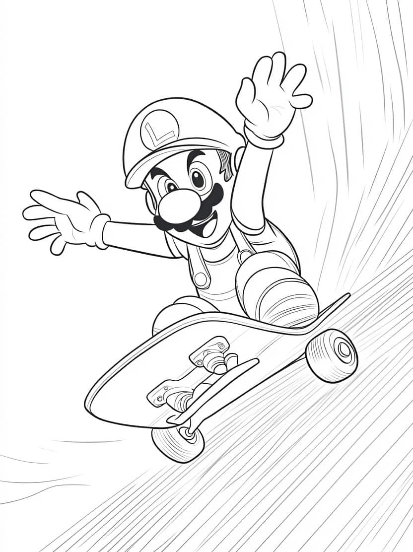 Luigi Op Een Skateboard Kleurplaat