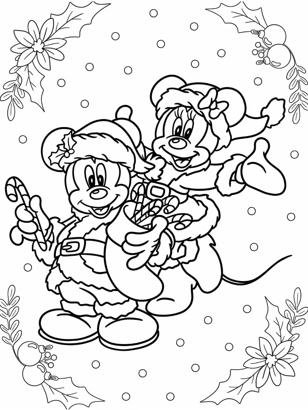 Mickey En Minnie Mouse In Kerstman Outfit Met Suikerstokken Kleurplaat