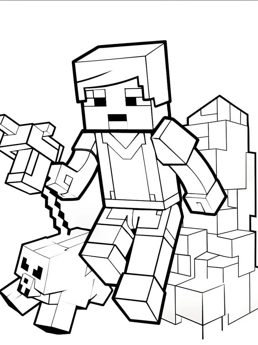 Steve En Zijn Hond Bouwen Minecraft Kleurplaat