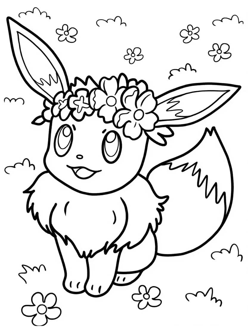 Kleurplaat Eevee Met Bloemenkrans